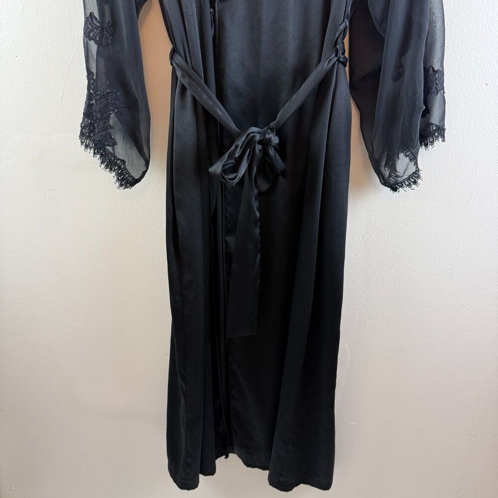 Natori Black Satin & Lace Long Robe - Picture 3 of 15